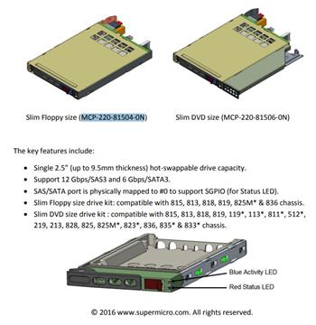 Přídavný SAS3 box pro 1×2,5" hotswap do slim CD/DVD pozice (vč. sATA a SGPIO kabelu a backplane) - max 9,5mm