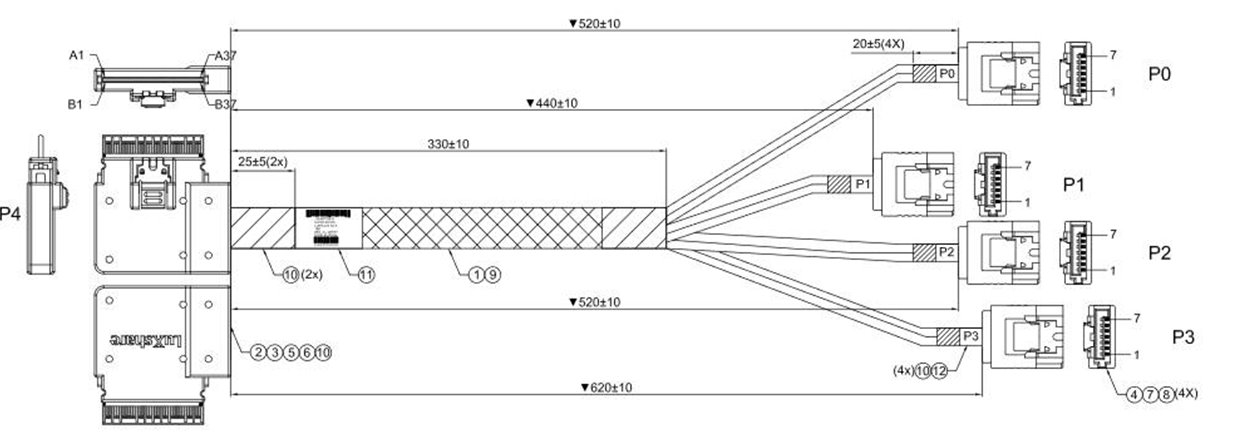 SFF-8654-8i (SlimSAS ×8) zalomený -> 4×SATA rovný - 52/44/52/62cm, 100ohm kabel (SATA/SAS)